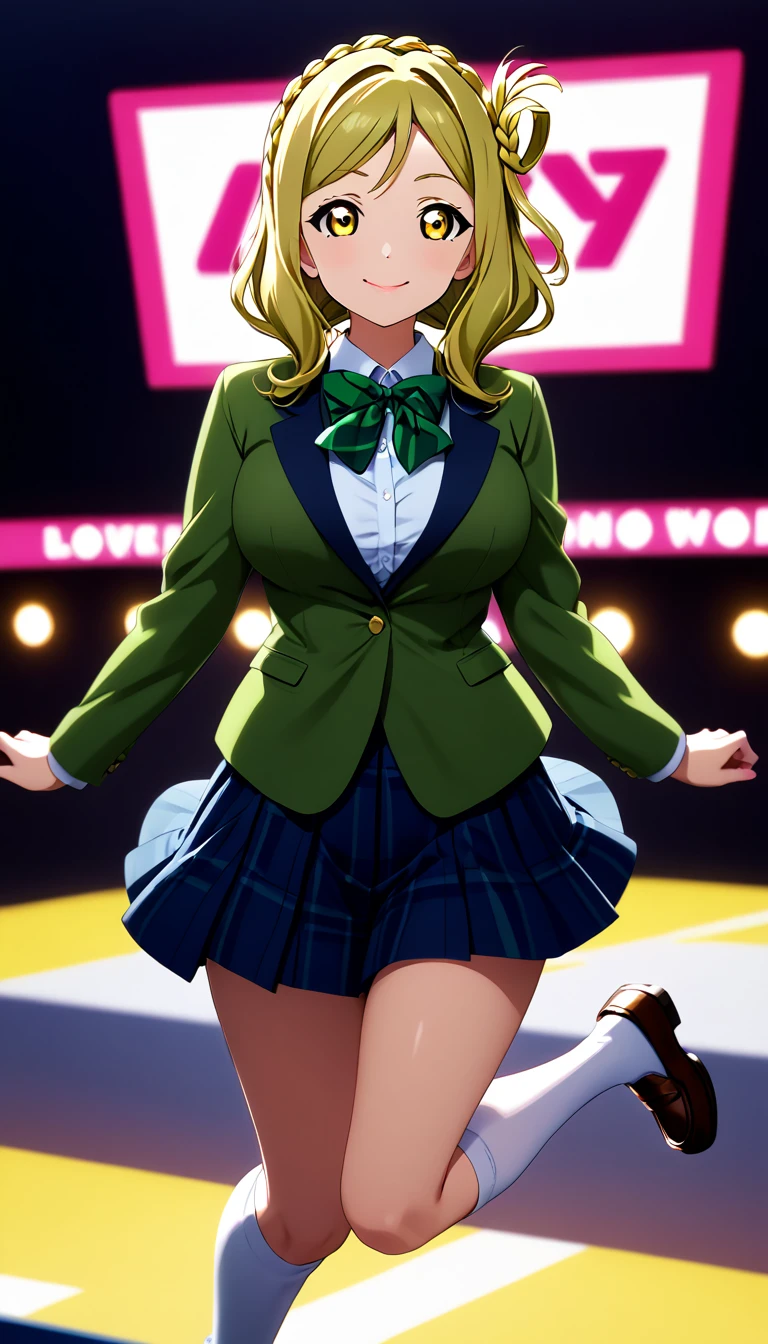  (1girl), (solo),ohara mari, love live! sunshine!, hair rings, blonde hair, yellow eyes, crown braid, medium hair, large breasts , otonokizaka ,winter uniform, green striped bow tie, navy blue blazer, blue pleated skirt, knee socks, loafers, smile,closed mouth, jumping on stage,spread arms,from front, BREAK score_9, score_8_up, score_7_up, score_6_up, source_anime 