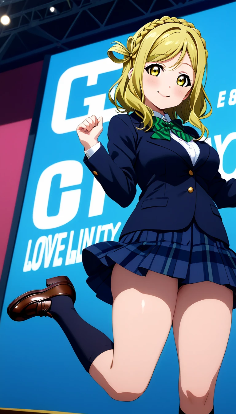 (1girl), (solo),ohara mari, love live! sunshine!, hair rings, blonde hair, yellow eyes, crown braid, medium hair, large breasts , otonokizaka ,winter uniform, green striped bow tie, navy blue blazer, blue pleated skirt, knee socks, loafers, smile,closed mouth, jumping on stage,spread arms,from front, BREAK score_9, score_8_up, score_7_up, score_6_up, source_anime