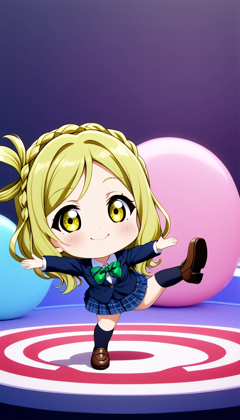  (1girl), (solo),ohara mari, love live! sunshine!, hair rings, blonde hair, yellow eyes, crown braid, medium hair, large breasts , otonokizaka ,winter uniform, green striped bow tie, navy blue blazer, blue pleated skirt, knee socks, loafers, smile,closed mouth, jumping on stage,spread arms,from front, BREAK score_9, score_8_up, score_7_up, score_6_up, source_anime 
