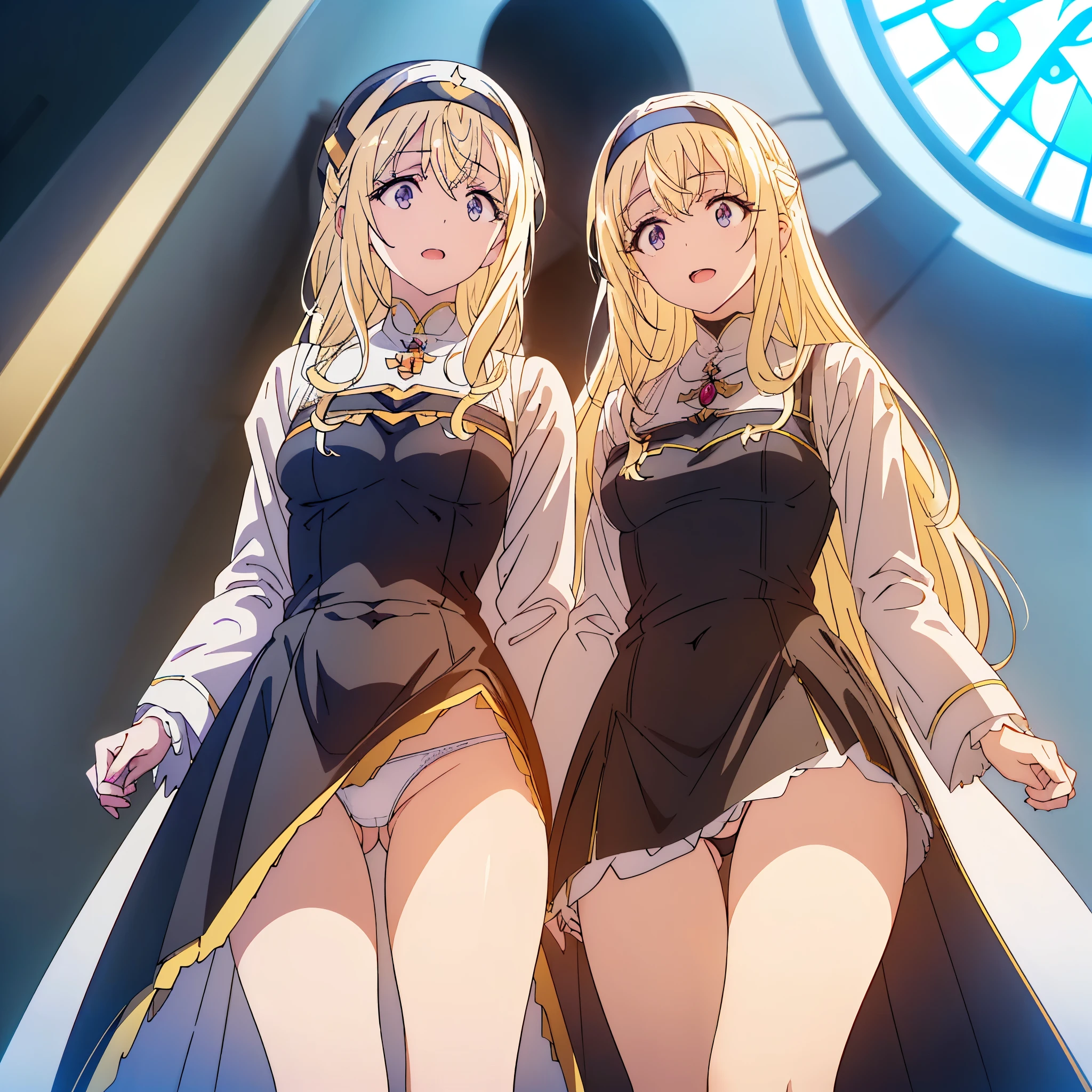 Animated image of two women in maid outfits standing in front of stained glass (Highest quality, In 4K, 8K, High resolution, Pieces fly:1.2),(two women with different hair lengths),Very detailed, (reality, Realistic, Realistic:1.37), 30-year-old woman,Mature woman,((Inside the church),Pieces fly, Highest quality, Ultra-fine,Maximum resolution, Very detailed, ((Droopy eyes,Nuns,Black Dress,Angle from below,High neck,White panties)),code,smile,Open your mouth wide ,blonde,Captivating thighs,mini skirt