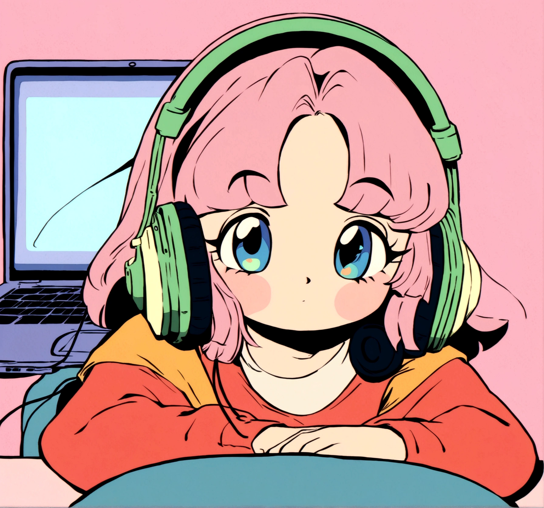 anime girl sitting at a desk with headphones on and a laptop, lofi girl, lofi artstyle, lofi art, lofi girl aesthetic, lofi, lofi feel, lofi portrait, lofi hip hop, lofi colors, in style of atey ghailan, satoshi kon artstyle, style in ghibli anime style, lofi aesthetic