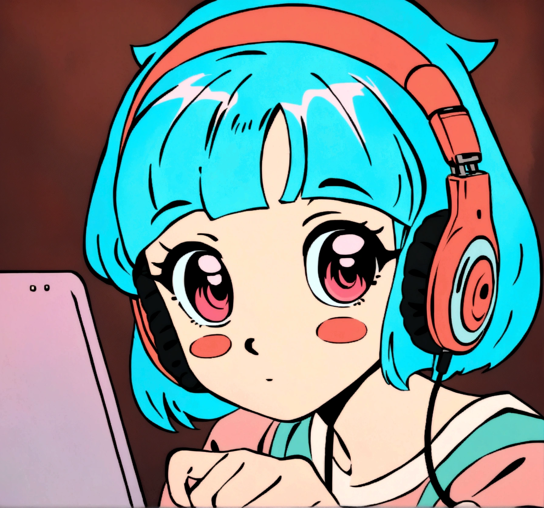 anime girl sitting at a desk with headphones on and a laptop, lofi girl, lofi artstyle, lofi art, lofi girl aesthetic, lofi, lofi feel, lofi portrait, lofi hip hop, lofi colors, in style of atey ghailan, satoshi kon artstyle, style in ghibli anime style, lofi aesthetic