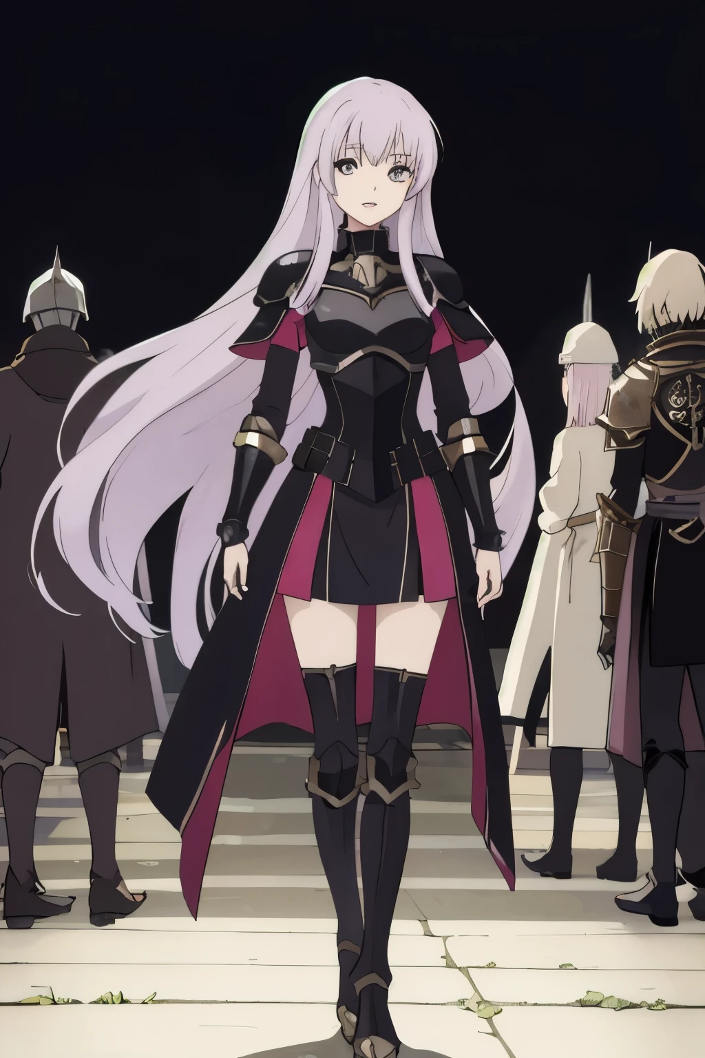 anime style, 1girl, long hair, light purple hair, grey eyes, lips, black long sleeved dress, light armor, noble girl, standing in front of knights