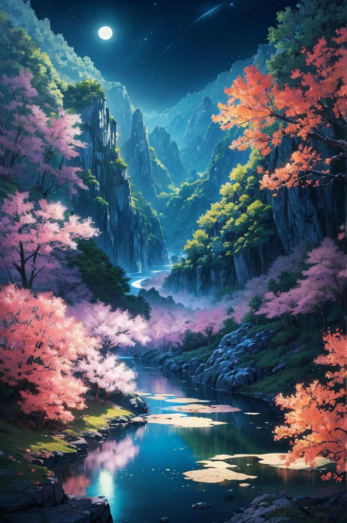 Night view與一些亞洲人的房子, Vietnam, Vietnam, Ha Giang, moon, lake in foreground, A quiet night, green and blue, digital illustration, 4k highly detailed digital art, Night view, Anime Art Wallpaper 4k, Anime Art Wallpaper 4K, 4k detailed digital art, nature landscape at night, anime art wallpaper 8k, Background artwork, Beautiful art ultra hd 4k, 4K HD illustration wallpaper
