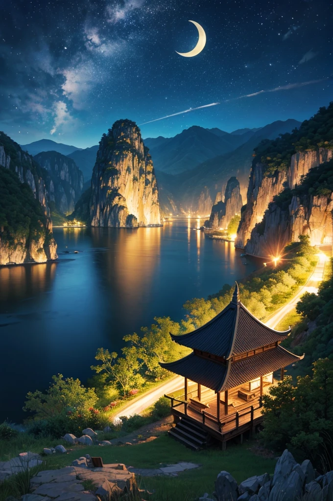 Night view與一些亞洲人的房子, Vietnam, Vietnam, Ha Giang, moon, lake in foreground, A quiet night, green and blue, digital illustration, 4k highly detailed digital art, Night view, Anime Art Wallpaper 4k, Anime Art Wallpaper 4K, 4k detailed digital art, nature landscape at night, anime art wallpaper 8k, Background artwork, Beautiful art ultra hd 4k, 4K HD illustration wallpaper