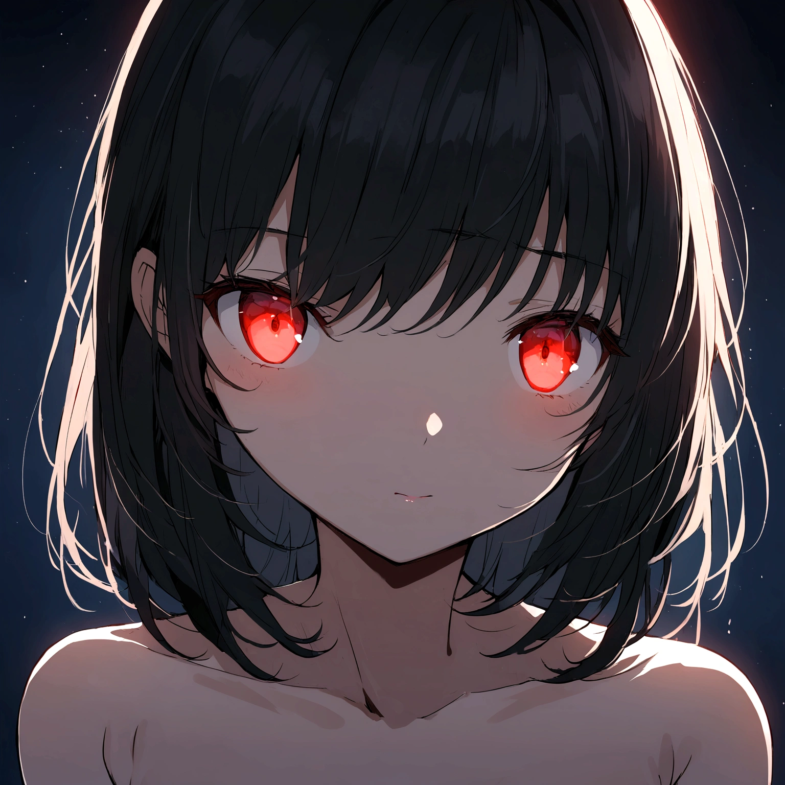 Anime girl in a dark room, black hair. red glowing eyes, Ideal girl, mild nudity, Beautiful girl, Focus on the face