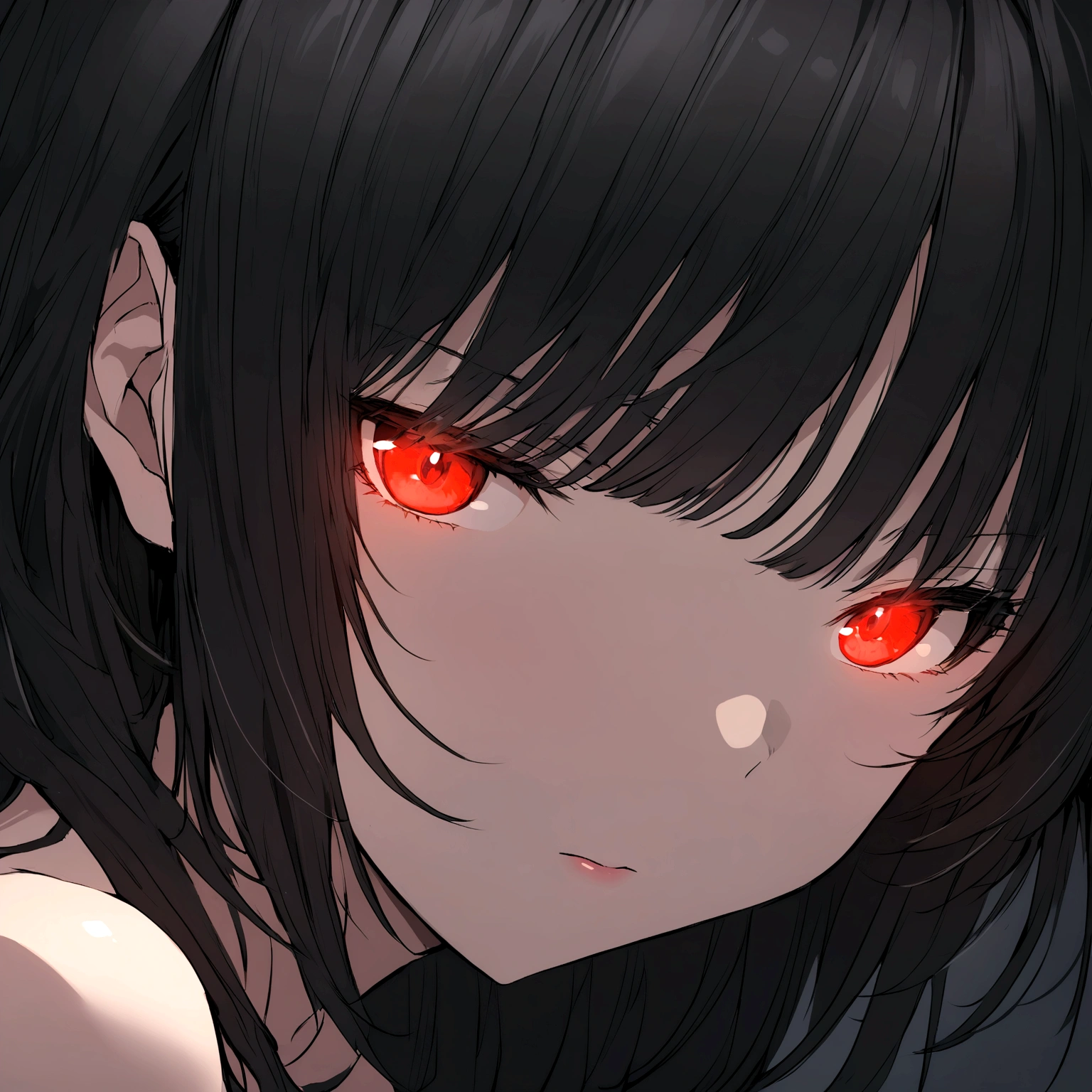 Anime girl in a dark room, black hair. red glowing eyes, Ideal girl, mild nudity, Beautiful girl, Focus on the face
