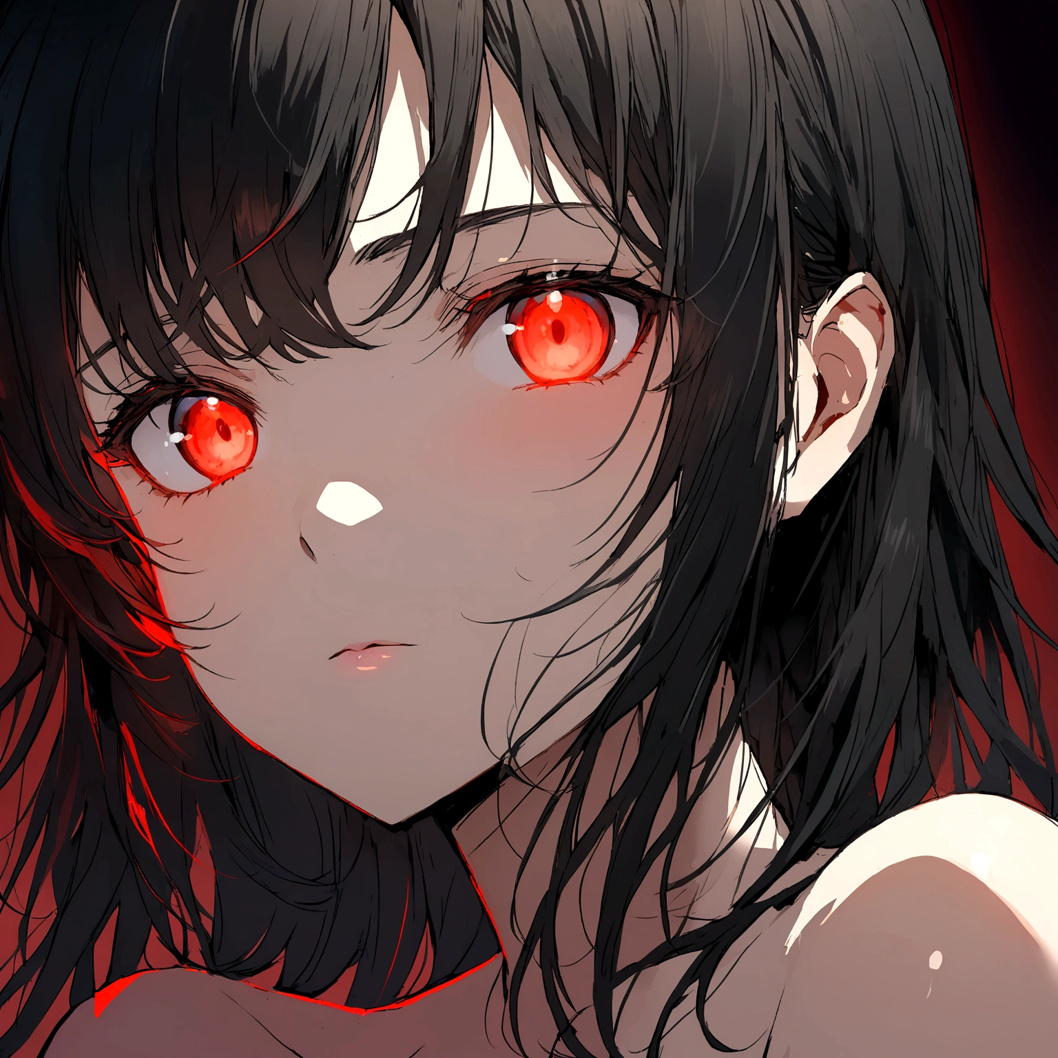 Anime girl in a dark room, black hair. red glowing eyes, Ideal girl, mild nudity, Beautiful girl, Focus on the face