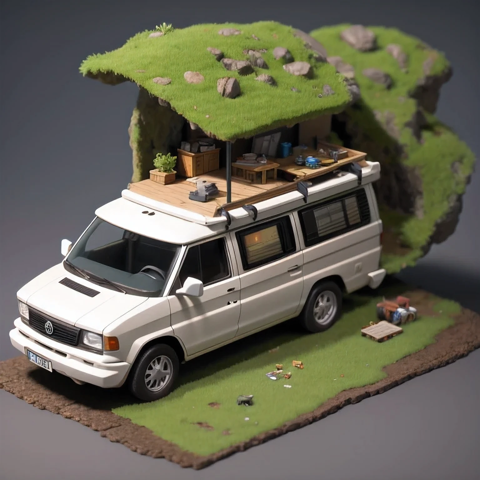 there is a small model of a camper van in a cave, stylized 3d render, 3d illustration, 3 d illustration, highly detailed diorama, 3 d low poly render, 3d low poly render, low poly 3 d, highly detailed sculpey diorama, lowpoly, low poly render, diorama model, low poly 3 d render, diorama