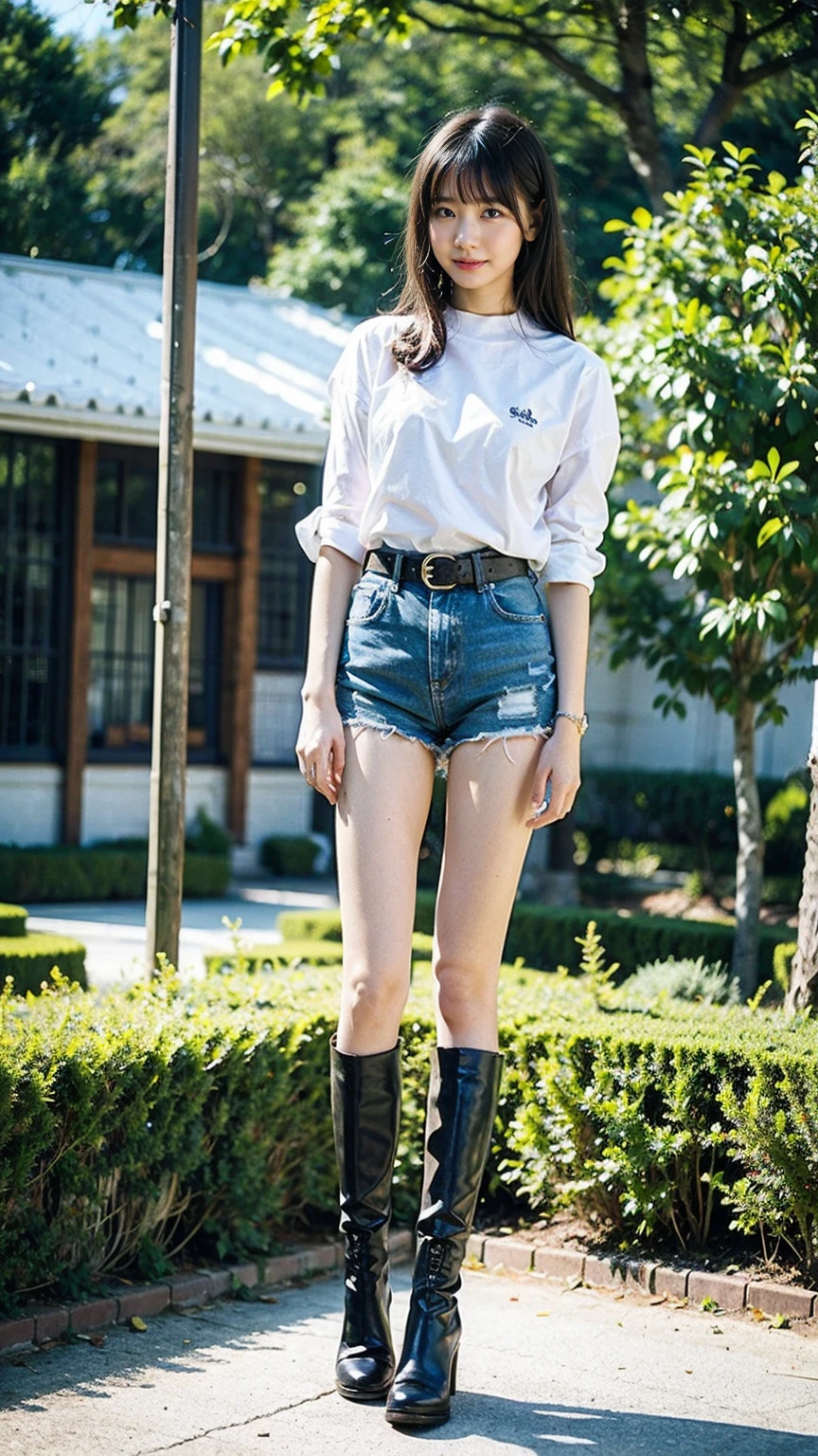(8K、RAW Photos、Highest quality、masterpiece:1.2)、(Realistic、Realistic)、1 Girl、((Shorts、See-through、light blue、black、Thin legs、whole body、boots、one piece、tights、garden、View from the front、Looking into the camera、belt、Stand with hands on hips))、cute