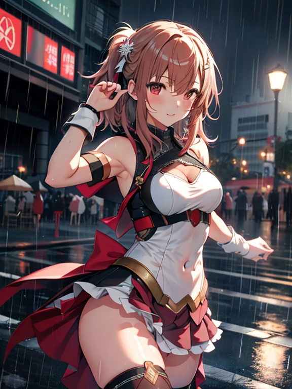 Dancing in the Rain, (masterpiece), highest quality, Misaka Mikoto, 1girl, uhd, retina, masterpiece, ccurate, anatomically correct, textured skin, super detail, high details, high quality, best quality, highres, 4K