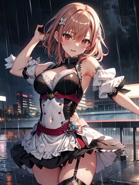 Dancing in the Rain, (masterpiece), highest quality, Misaka Mikoto, 1girl, uhd, retina, masterpiece, ccurate, anatomically correct, textured skin, super detail, high details, high quality, best quality, highres, 4K