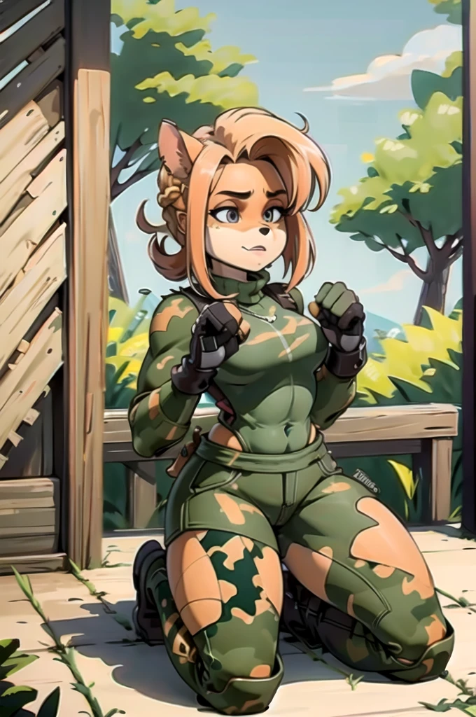 (best quality,4k,8k,highres,masterpiece:1.2),ultra-detailed,realistic:1.37,portrait,anthro bandicoot girl redhead, braided hair, beautiful  eyes, sexy ,seductive, warm sweater, camouflage gloves,camouflage beanie-balaclava ,camouflage pants, army boots, cozy lighting, vibrant colors , girl anthro , sweater, gloves,camouflage beanie, camouflage pants, army boots, futanari, nsfw