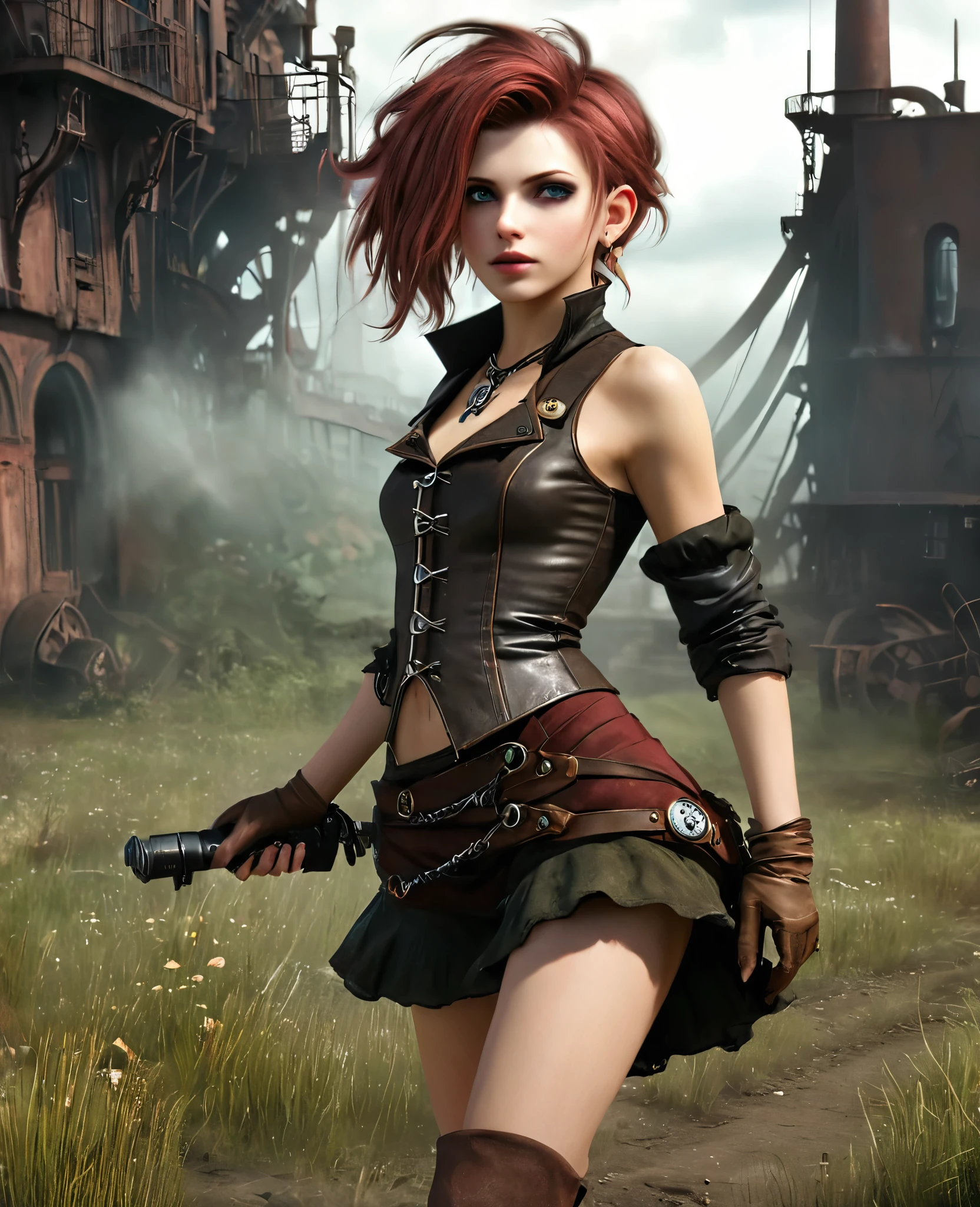 (((high resolution))), (((extremely detailed))), ((masterpiece)), dramatic shadows, depth of field, analog photo style, (world in which are collide steampunk and postapocalyptic vibes), postapocalyptic cute female in steampunk torn dirty clothes, looks like Aerith Gainsborough, depth of field, full body shot, unzoomed, (perfect body: 1.4), (sidecut short hairstyle), (stalking is quite common, although not the best way to make a living), looks interested, stylized atmosphere of unreality, dark aesthetic, dynamic pose, in motion, Armageddon, increase cinematic lighting, highly lifelike skin texture, parted lips, weary eyes, fine eyes, whitened skin, random hair colour, doomsday aura,