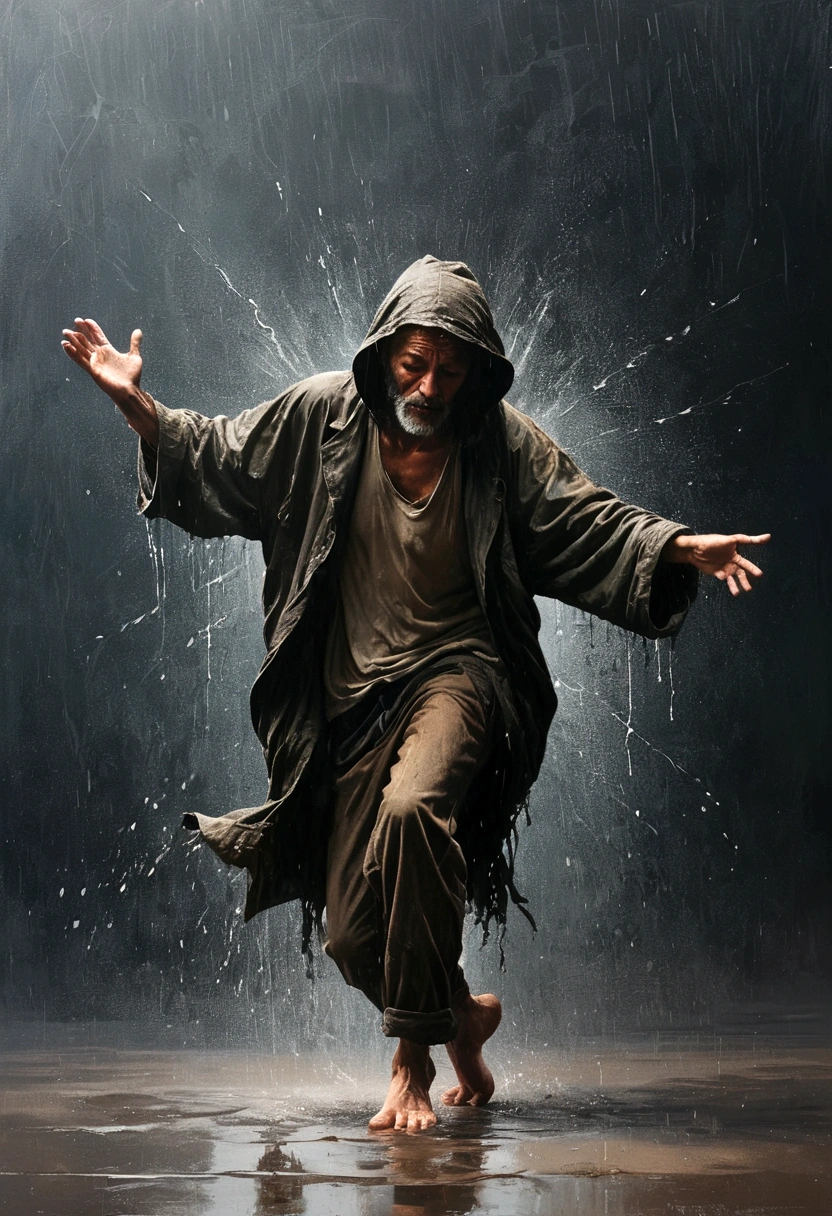 Soul Dancer Mark,A homeless man dancing alone in the rain，Raise your hands，Barefoot，Loose and worn clothes，Professional Action，Very contagious，Splash，Light and Shadow，Minimalism，artistic conception，Clean background