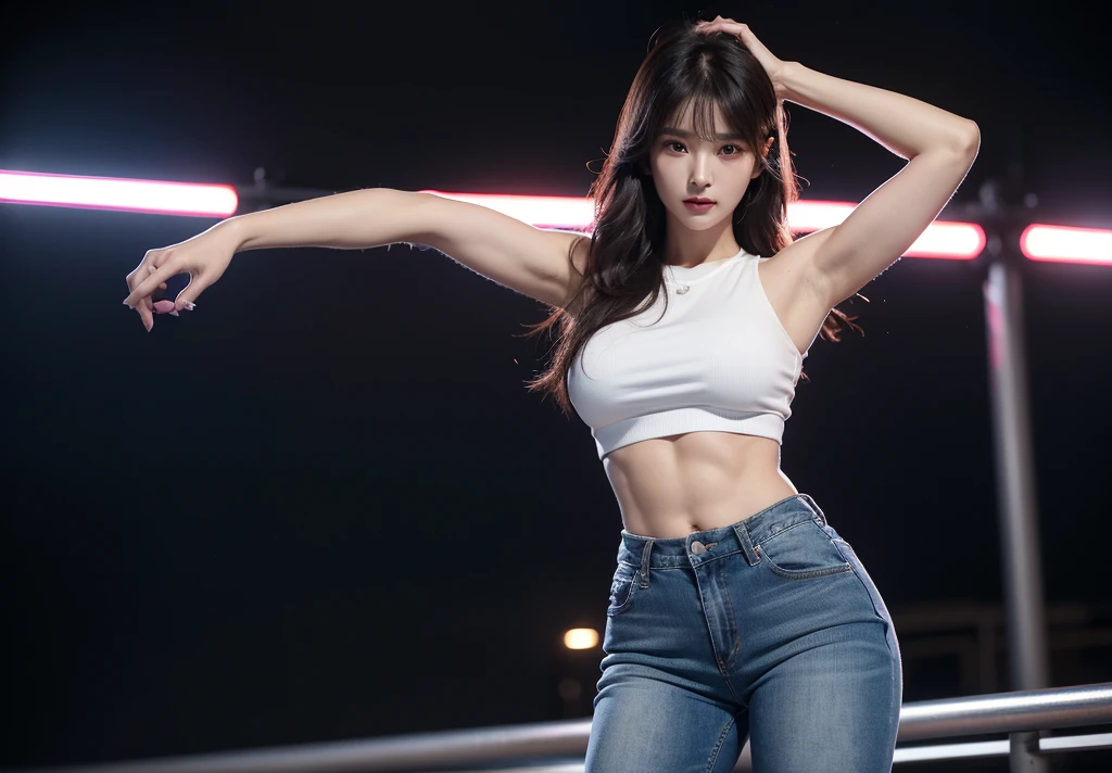 score_9, score_8_up, score_7_up, score_6_up, one girl
(masterpiece), best quality, expressive eyes, perfect face, realistic background, high definition, anime art. Kim Eun-seo, with her strikingly fit physique and impressive 10-pack abs, is standing in rain, She is wearing a stylish Korean casual outfit that includes a fitted blouse and high-waisted jeans, highlighting her toned arms and fit form. Her rose brown hair with bangs adds a stylish touch to her appearance. Kim Eun-seo's expression is content. Dark Dramatic lighting, dynamic shadows, high contrast, soft glow light, cinematic atmosphere, Heavy Rainy weather, sharp focus, intricate details, vibrant colors. Neon street, korean
(Extremely muscular woman, highly muscular woman, large biceps bulging visible, steamy, looking at viewer, bulging biceps)