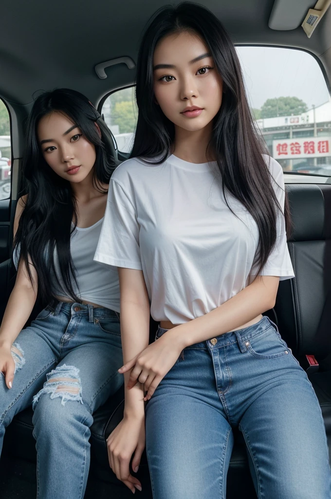 ava chen , a Chinese America girl , 22 years old with raven hair, a delicate face, rosebud lips and dark brown eyes wearing a white shirt with Blue jeans with Alex a 25 years old man with green jade eyes and light brown hair , wearing a black shirt with jeans , both sitting in a car in while it's raining outside , Disney Pixar 3D style