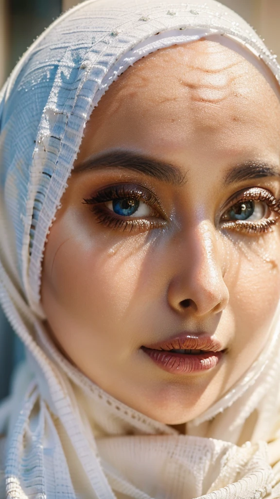 a detailed portrait of a muslim woman, beautiful detailed eyes, beautiful detailed lips, extremely detailed eyes and face, long eyelashes, serene expression, white hijab covering the head, close up view focused on the face, delicate skin, soft lighting, photorealistic, 8k, high quality, masterpiece, digital art