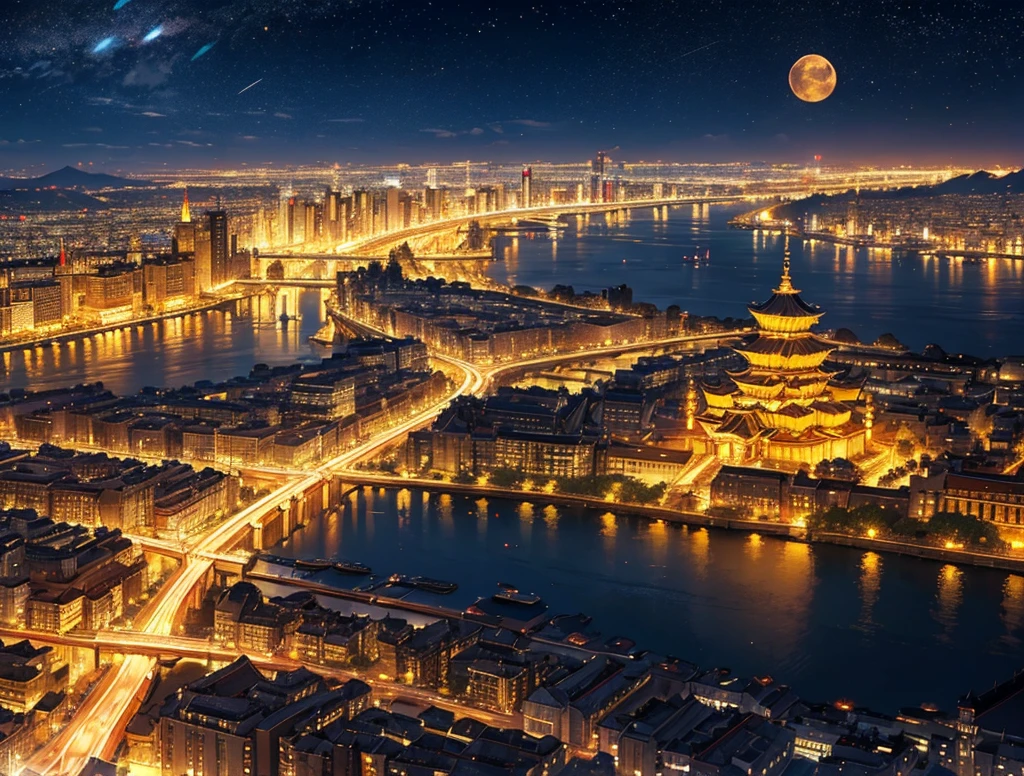 golden city, night, downtown, chinese big castle, HDR, 4k resolution, golden moon, golden cloud, firework, big river, mystical artwork, traditional artistry