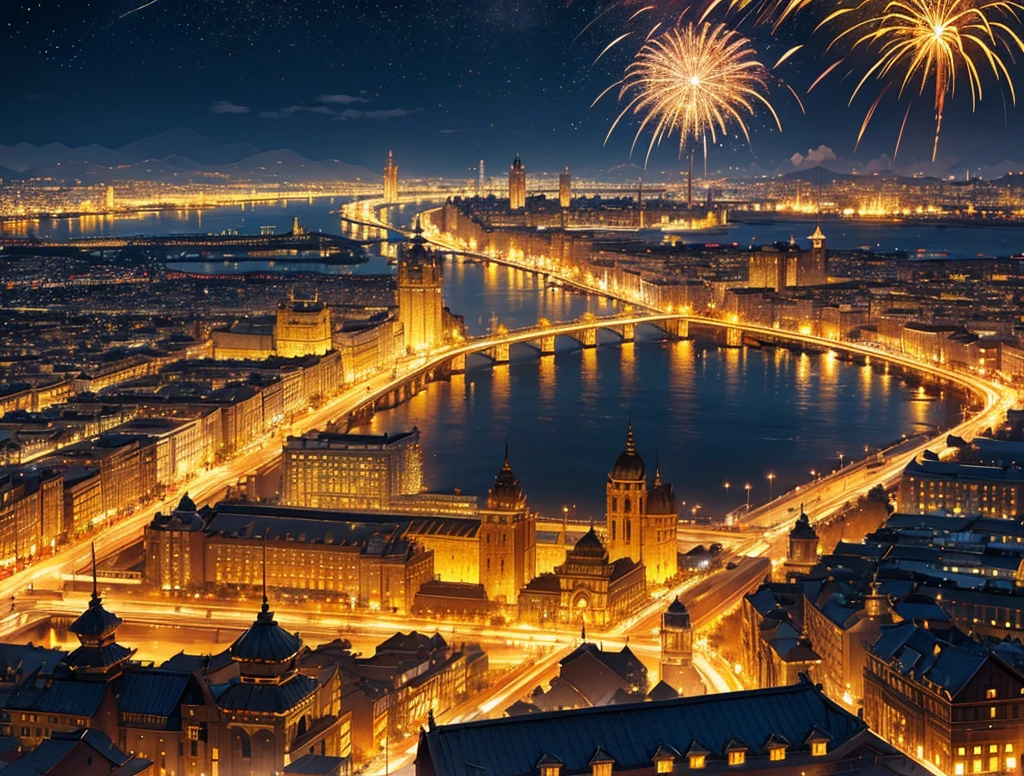 golden city, night, downtown, chinese big castle, HDR, 4k resolution, golden moon, golden cloud, firework, big river, mystical artwork, traditional artistry