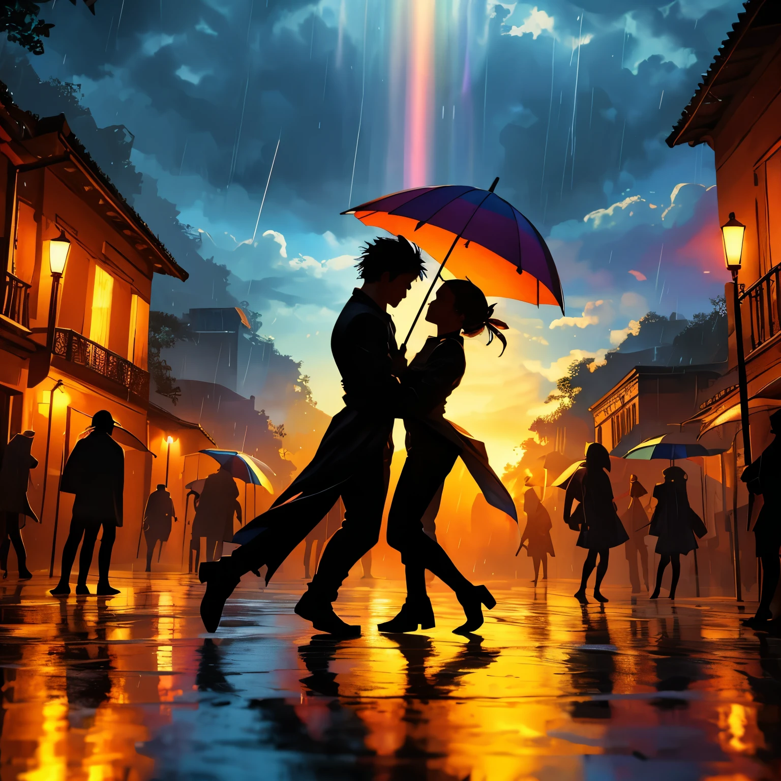 (best quality,8k,highres, masterpiece:1.2), ultra-detailed, HDR, UHD, studio lighting, ultra-fine painting, sharp focus, physically-based rendering, extreme detail description, professional, vivid colors, concept artists, warm color palette, dramatic lighting,(Pouring rain), men dancing with umbrellas, blue sky through the clouds, rainbows in the sky, (silhouette art)