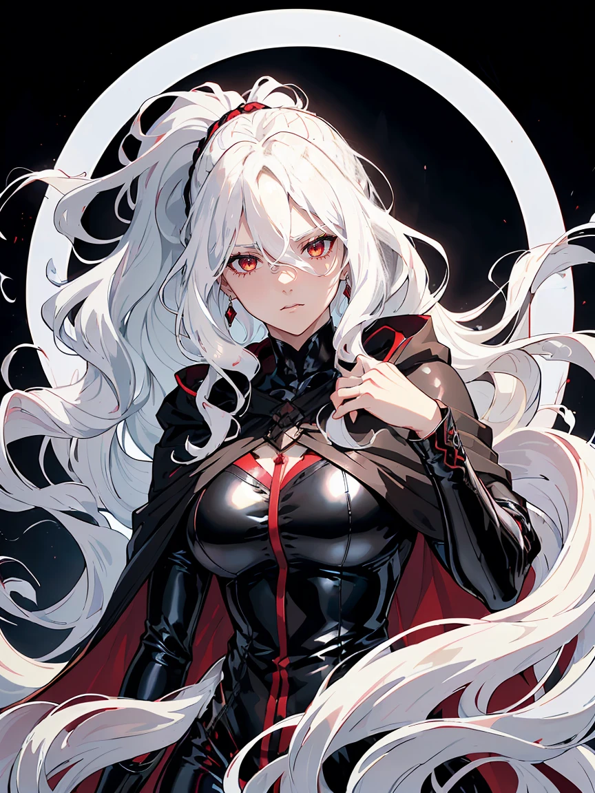 handsome older WOMAN,crimson-eyes,crimson pupils,Long white hair,Hyperresolution,accuracy,Detailed rendering,(Subtle facial image)(Image of fine hair)(topquality)(Masterpieces of masters)(High degree of completeness)(A sense of atmosphere)tmasterpiece,Super detailed and super detailed(portrait), long wavy white hair, (((tHICK WAVY HAIR)))(((ANKLE LENGTH HAIR))) (((Sakimichan))) (((white hair))) (((Latex black fight outfit))) (((Hair in ponytail))) (((skinny))) (((Latex black fight suit)))(((Stoic expression)))(((Black cloak)))