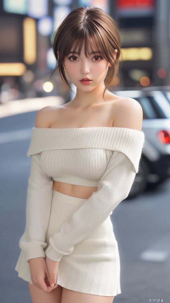 Ultra-high resolution, Superior Quality, Highest quality, Super detailed, Realistic, 8K, RAW Photos, Highest quality, masterpiece, Attractive girl, A wonderful girl, Brown Hair, Shoulder-length layered, Asymmetrical bangs, Idol, Sophisticated, stylish, White off-shoulder knit, Shibuya Ward, Large Breasts,Micro Mini Skirt,