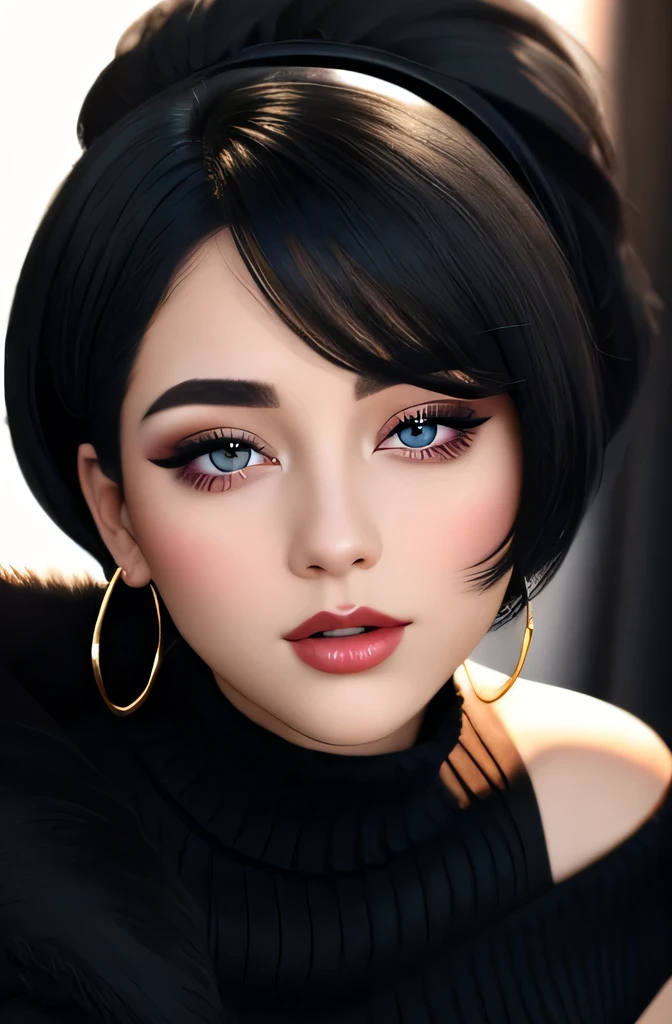 Amazing portrait of a sexy woman with a beautiful face emphasized by amazing makeup and beautifully detailed eyes with perfect lips wearing her short black hair in a bob with a white hairband blushing intensely as she's flustered and lustful wearing some elegant earrings and a black sleeveless sweater accentuating her medium chest paired with a cream skirt that accentuates her thick curvy body making her look hot with vibrant colors and soft lighting