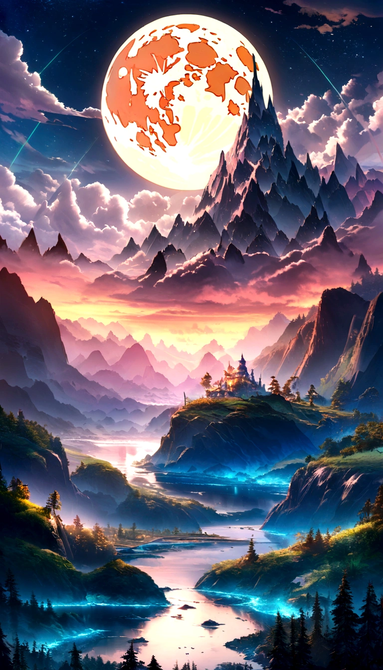 Mountain with the moon in the sky々and lakes, highly 4K detailed digital art, Highly Detailed 4K HD Wallpapers, Wonderful otherworldly fantasy landscape, Science Fiction Fantasy Wallpaper, unreal engine wallpaper 4k, 4K detailed digital art, Science Fiction Fantasy Wallpaper, Epic dreamy fantasy landscape, 4K HD Matte Digital Painting, Amazing 8K Art、Night Sky、Stars in the sky々is shining、A big moon rises、Fantastic landscape,graphic