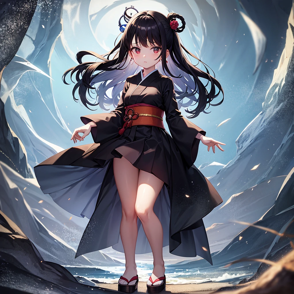(Japanese style),one piece,mini skirt,Lolita Fashion,Cute little ,Tiny ,Small girl,,Childish face, Very fine clean face,Top quality,Black Hair,(Dark Room), Subtle light, Natural light,Soft lighting,Light from directly behind, (Are standing),With bust up,Front view,Black background
