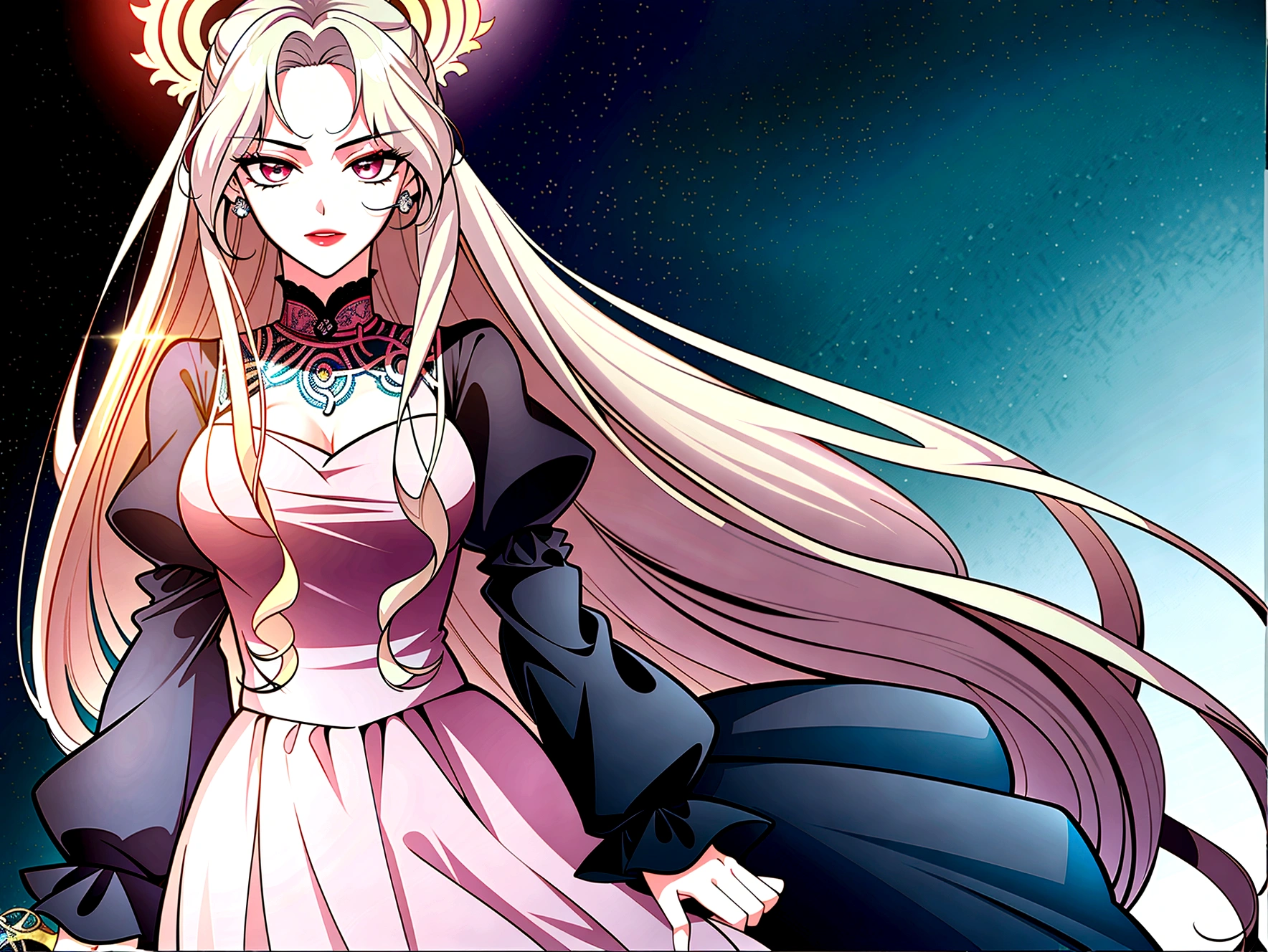 Woman, manhwa, beautiful face, beautiful hair, long hair, white hair, pink eyes, royal, aristocratic, beautiful dress, red lips, blush