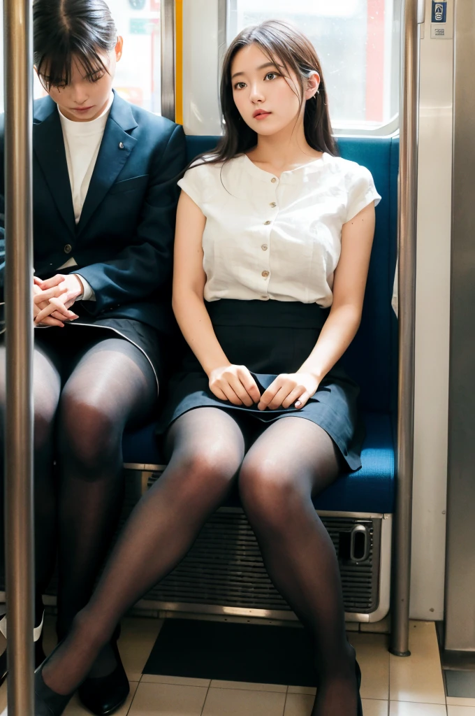 (masterpiece, Highest quality, 8K, RAW Photos, beautifully、aesthetic:1.2), Intricate details, indirect lighting, Realistic,
whole body, Sitting on a chair on the train、Staring at the viewers、Voyeur、
Square neck button-down linen sundress, (Ultra-realistic pantyhose)、
Training women , Chair to sit under skirt,