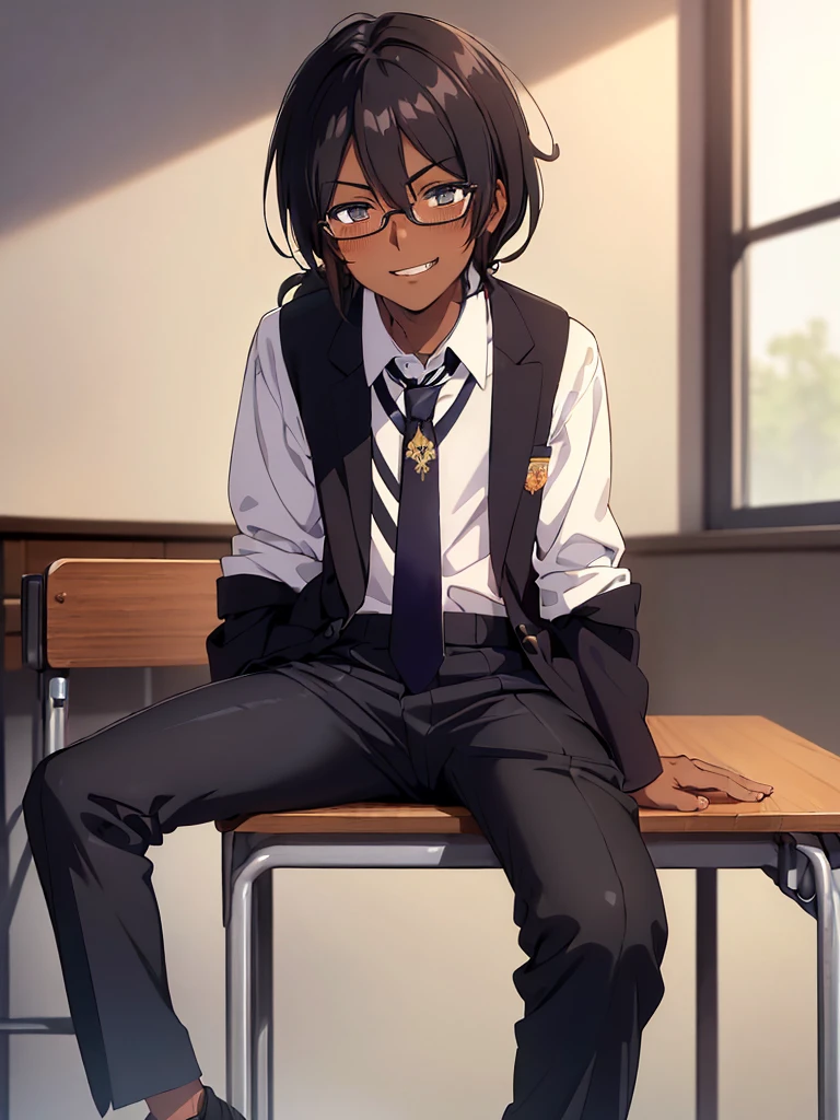 (1 feminine boy solo),(dark skin:1.5),(masterpiece:1.2), highest quality, High resolution, unity 8k wallpaper, (fine and beautiful eyes:1.6), highly detailed face, perfect lighting, Detailed CG, (perfect hands, perfect anatomy),20 years old, (black hair:1.3), detailed eyes, best quality, extremely detailed, very precise detailed, (glasses:1.4), , (hime_cut:1.5), (evil smile:1.4) ,long sidelocks, (blush:1.3),(sit on desk:1.3),(Put left knee in front:1.5),(boy's school uniform long pant:1.5),(loosen necktie:1.2),spread legs,bend knee,(open shirt:1.3),low ponytail