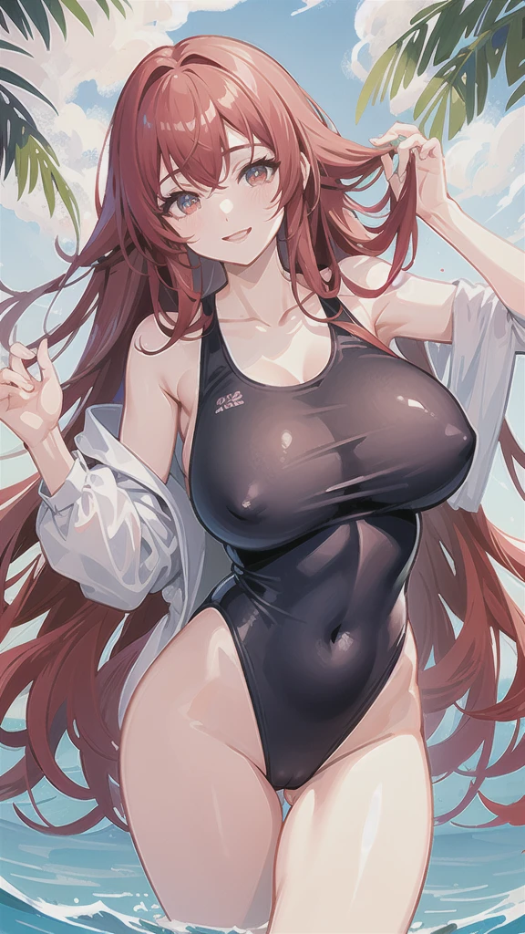 Highest quality, shape, Very detailed, In detail, High resolution, 8k wallpaper, Perfect dynamic composition, Beautiful details, Center of chest, Natural color lip, Random sexy poses,smile,20-year-old girl,Huge ,Woman with long wavy red hair wearing a velvet one-piece swimsuit