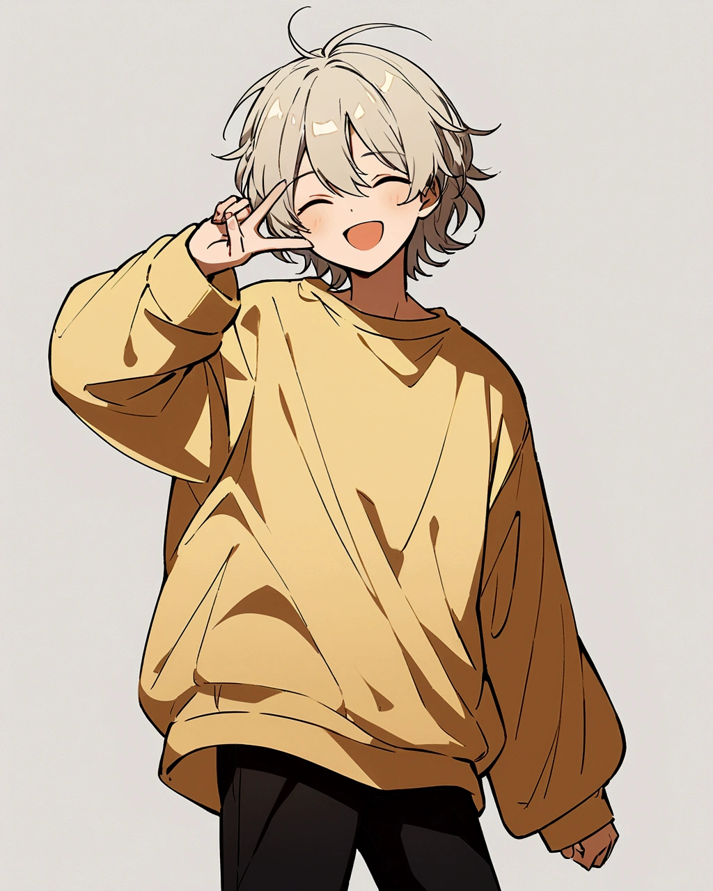 A digital illustration of a young boy with light hair styled in a messy, casual look. He is smiling with his eyes closed and giving a peace sign with his right hand. The boy is wearing an oversized yellow sweatshirt with long sleeves that partially cover his hands, and black leggings or pants. The background is a simple, light gray wall with subtle texture and imperfections. The overall art style is minimalistic with clean lines and soft shading. The image has a relaxed and cheerful vibe."