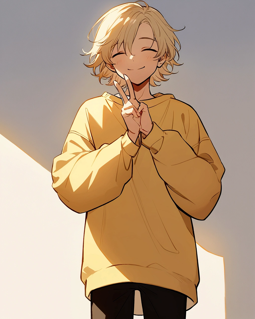 A digital illustration of a young boy with light hair styled in a messy, casual look. He is smiling with his eyes closed and giving a peace sign with his right hand. The boy is wearing an oversized yellow sweatshirt with long sleeves that partially cover his hands, and black leggings or pants. The background is a simple, light gray wall with subtle texture and  imperfections. The overall art style is minimalistic with clean lines and soft shading. The image has a relaxed and cheerful vibe."