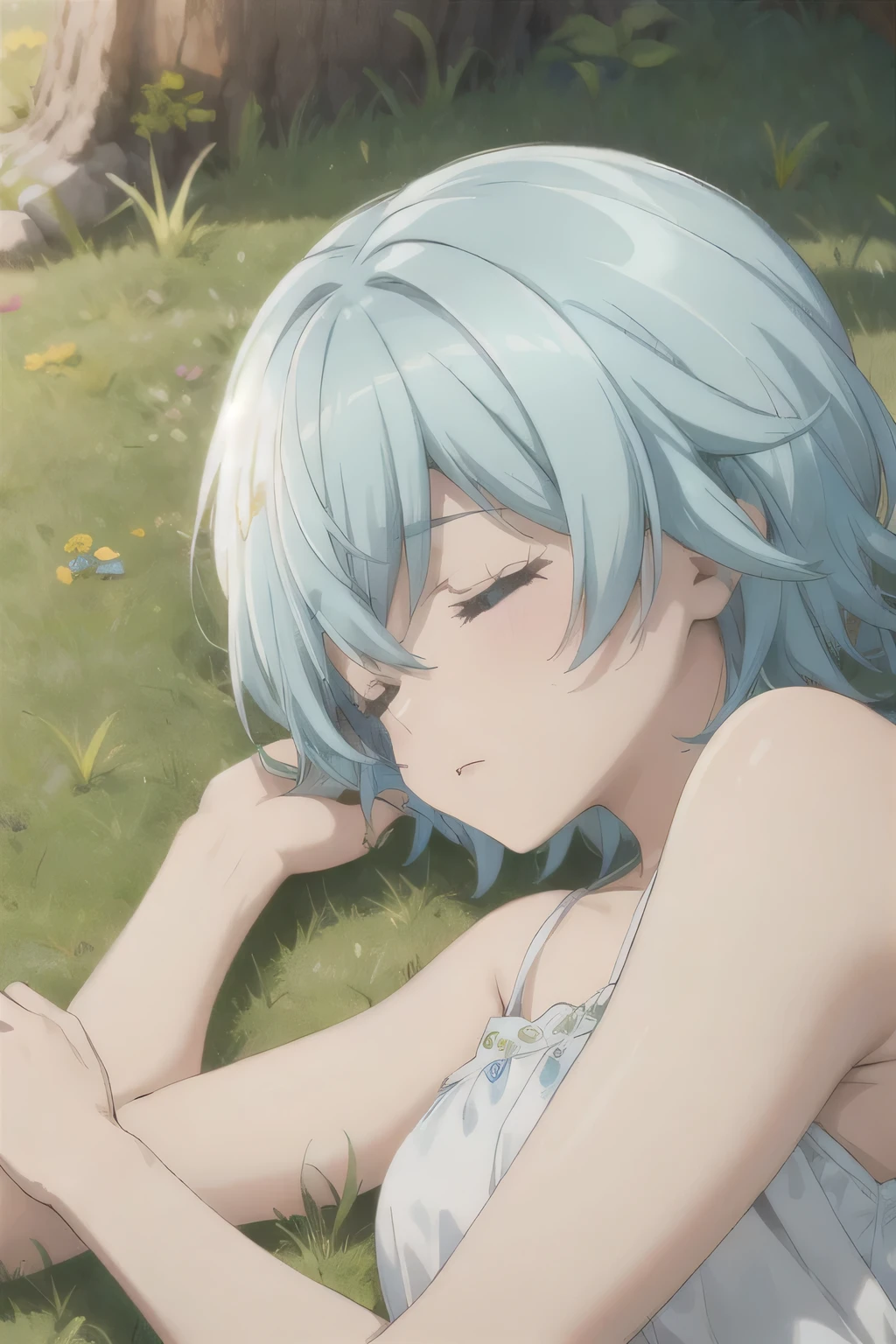 Sunlight,Blue Hair,White Dress,Sleep on the grass,Curl up and sleep,short hair