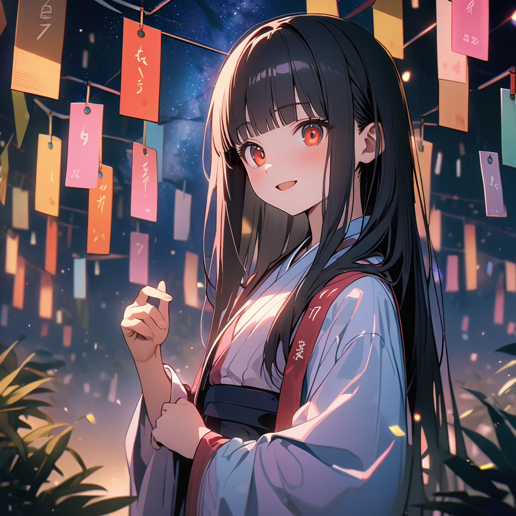 (8K, best quality, master piece: 1.2), super high resolution,1 girl,solo,,ultra-detailed face,detailed eyes,red eyes,black hair,blunt bangs,Straight hair,Long hair,light smile, open mouth,Hanfu,The girl holding a Tanabata wish paper with the number "777" written on it,Tanabata Festival, Milky Way, night view, rim light,large tall bamboos and colorful hanging decoration