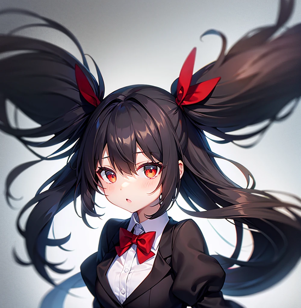 (Bunny girl),Red bow tie,Cute ,Tiny ,Small ,Childish face, Very fine clean face,Top quality,Black Hair,(Dark Room), Subtle light, Natural light,Soft lighting,Light from directly behind, (Are standing),With bust up,Front view,Black background