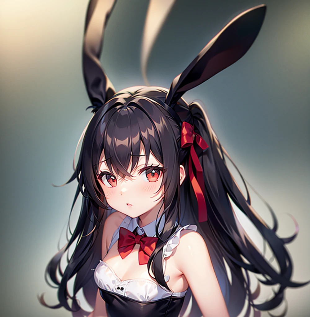 (Bunny girl),Red bow tie,Cute little ,Tiny ,Small girl,,Childish face, Very fine clean face,Top quality,Black Hair,(Dark Room), Subtle light, Natural light,Soft lighting,Light from directly behind, (Are standing),With bust up,Front view,Black background