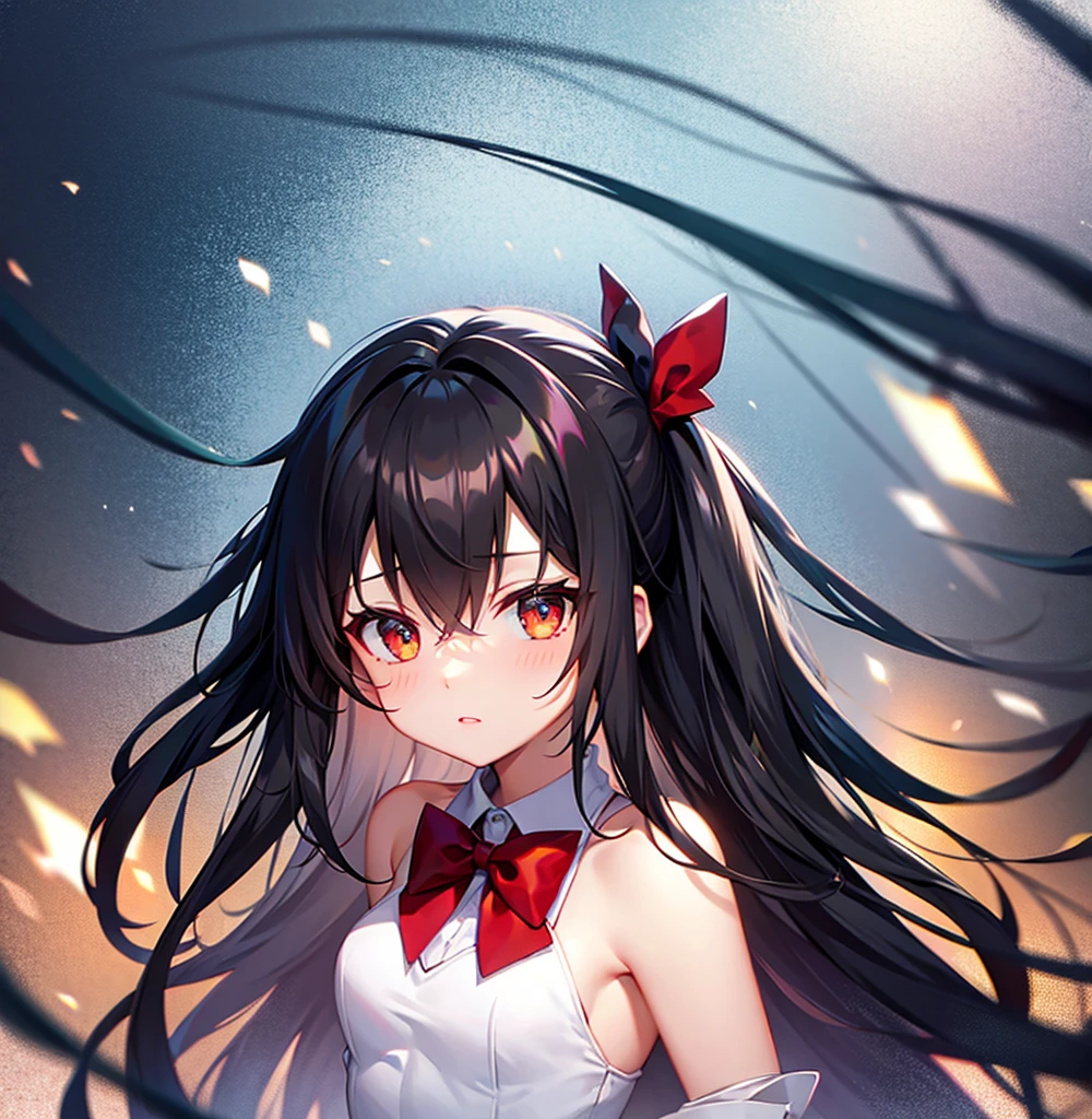 (Bunny girl),Red bow tie,Cute little ,Tiny ,Small girl,,Childish face, Very fine clean face,Top quality,Black Hair,(Dark Room), Subtle light, Natural light,Soft lighting,Light from directly behind, (Are standing),With bust up,Front view,Black background