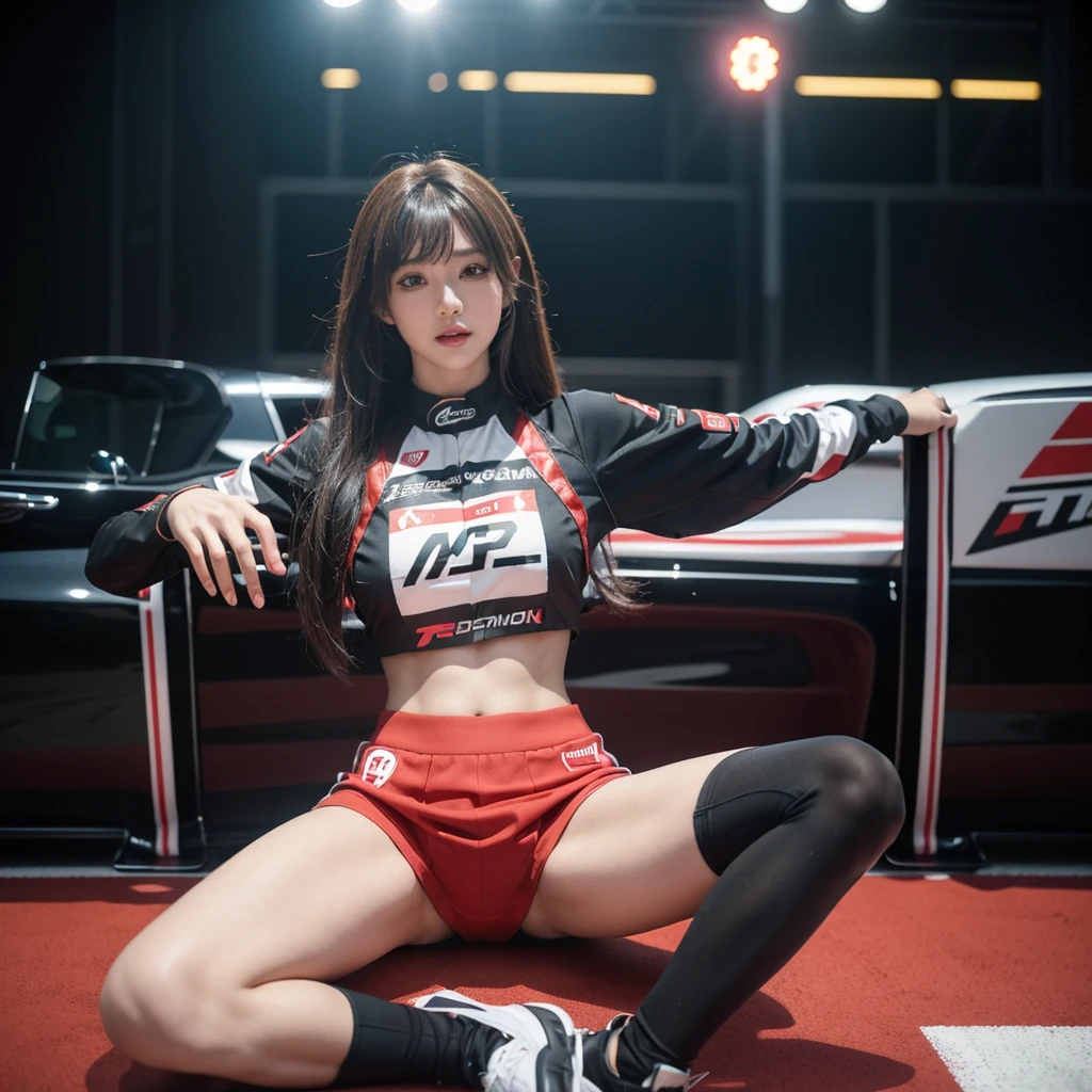 Super detailed photos、Detailed face、Lip gloss、Cool woman、Colorful costumes、F1 Driver Cosplay、Colorful costumes、Clothing with company logo、Grid Girlsのカラフルで派手な衣装、Grid Girls、Perfect Face、Paddock Girls、Harem、motor Show、tights、Bodycon Costumes、Grid Girls、Russia、Grid Girlsのコスプレ、belly button、Pleated skirt、Bodycon Costumes、Legs open pose、Spread your legs to show your crotch