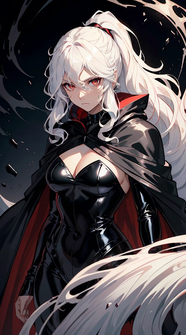 handsome older WOMAN,crimson-eyes,crimson pupils,Long black hair,Hyperresolution,accuracy,Detailed rendering,(Subtle facial image)(Image of fine hair)(topquality)(Masterpieces of masters)(High degree of completeness)(A sense of atmosphere)tmasterpiece,Super detailed and super detailed(portrait), long wavy black hair, (((tHICK WAVY HAIR)))(((ANKLE LENGTH HAIR))) (((Sakimichan))) (((white hair))) (((Latex black fight outfit))) (((Hair in ponytail))) (((skinny))) (((Latex black fight suit)))(((Stoic expression)))(((Black cloak)))