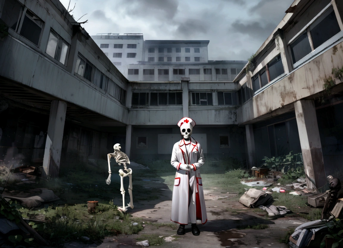 "Create an image of a foggy night scene with an abandoned hospital in the background. In the foreground, include two skeletons: one dressed as a doctor in a white coat and the other dressed as a nurse."