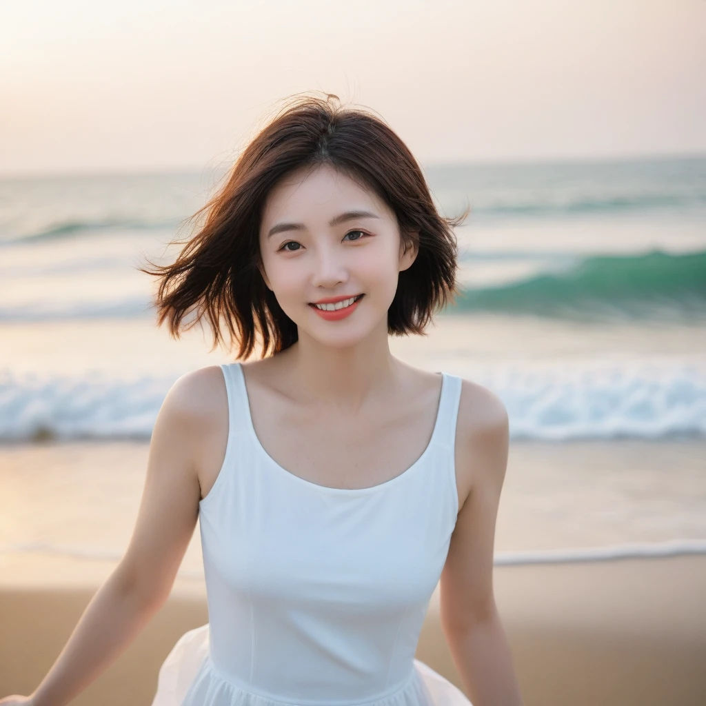 sunset on the beach,바다에 잔광이 비치네 sunset on the beach 붉은 태양,A strong lingering scent is reflected in the sea., Beautiful 46-year-old short Korean woman, Chest size 34 inches, Wear sleeveless, white light skirt. beautiful pretty woman look , wearing a light skirt , Go far into the sea water and dip your toes., Short medium hair blowing in the wind, 1 short woman, beautiful eyes, a little smile, Full-body photo taken from afar with a wide-angle lens, The background is clean and perfect., waves moved by the wind, best high definition