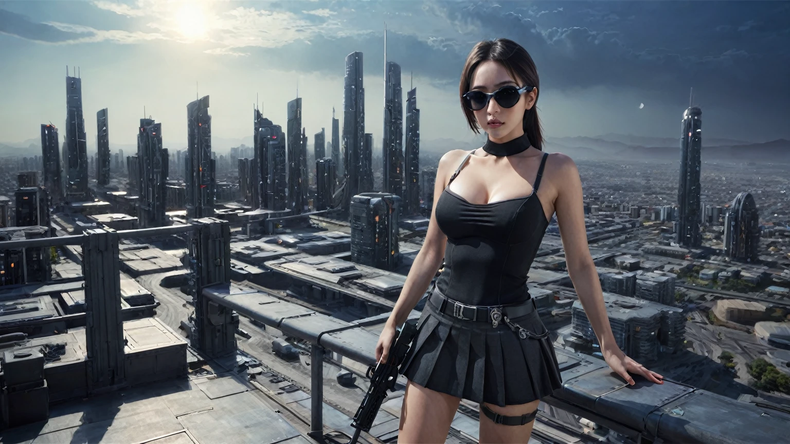 (((At night, dark sky, 1girl, solo, a western woman, photo realistic, large-breast:1.2 slim body, cleavage, off tube top, short pleated miniskirt, standing on rooftop, matrix style black sunglasses, (shooting with a short gun), half-body thigh level medium shot))). In the background, simple aerial view of a sci-fi futuristic city.