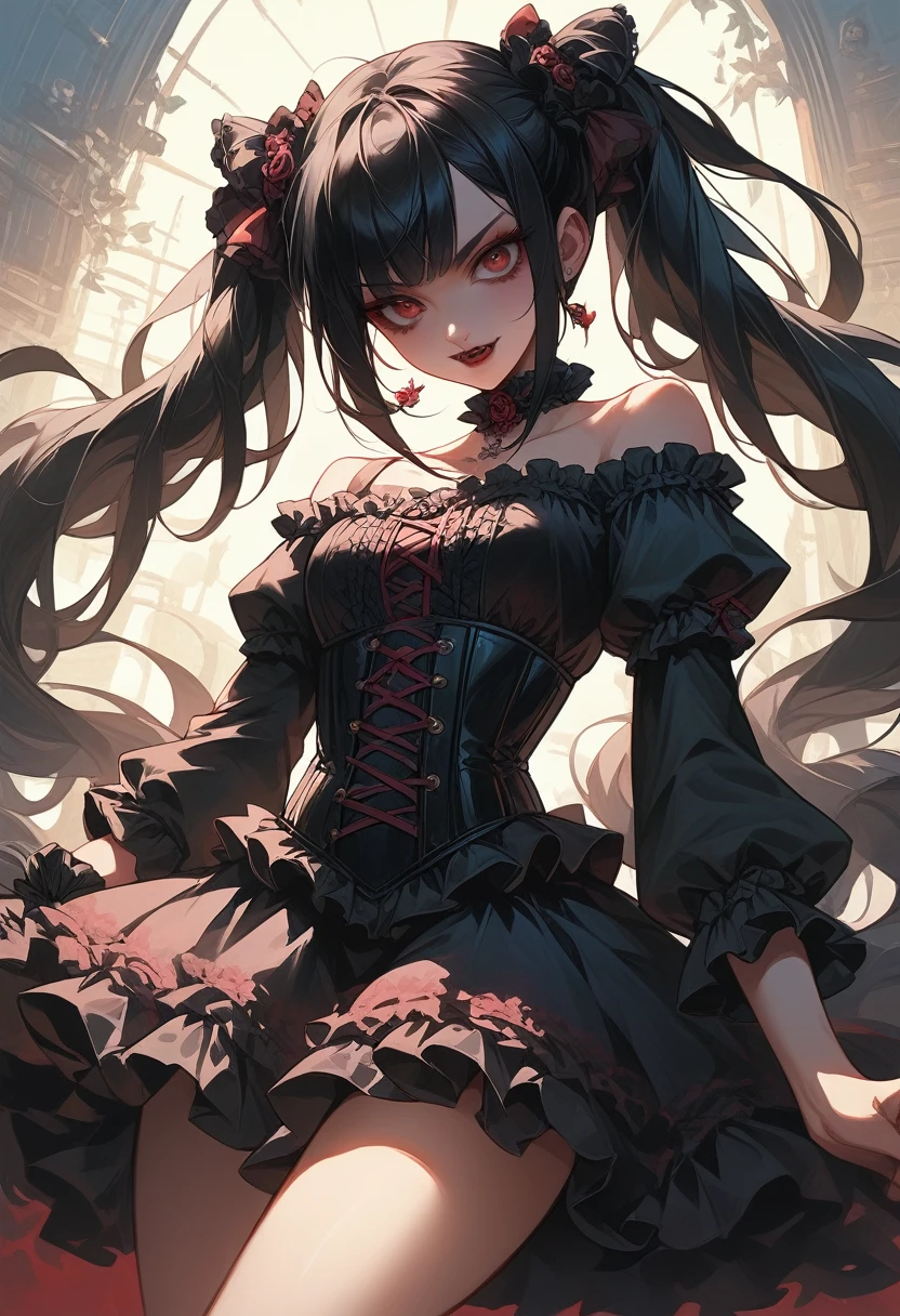 32k、Complex、Very detailed、whole body、Black hair, semi-long, twin tails、Off the shoulder、ta Chiffon Blouse、steampunk corset、Gothic mini skirt、ride a horse、Gothic city、Vampire Woman