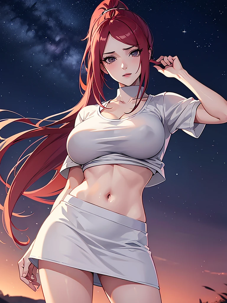 Uzumaki_kushina, big breast, wearing a jacket and white t-shirt and skirt, standing straight,face on camera, night sky,navel, cleavage ,skirt lift by hand ,ponytail,long hair,hand up,hand back