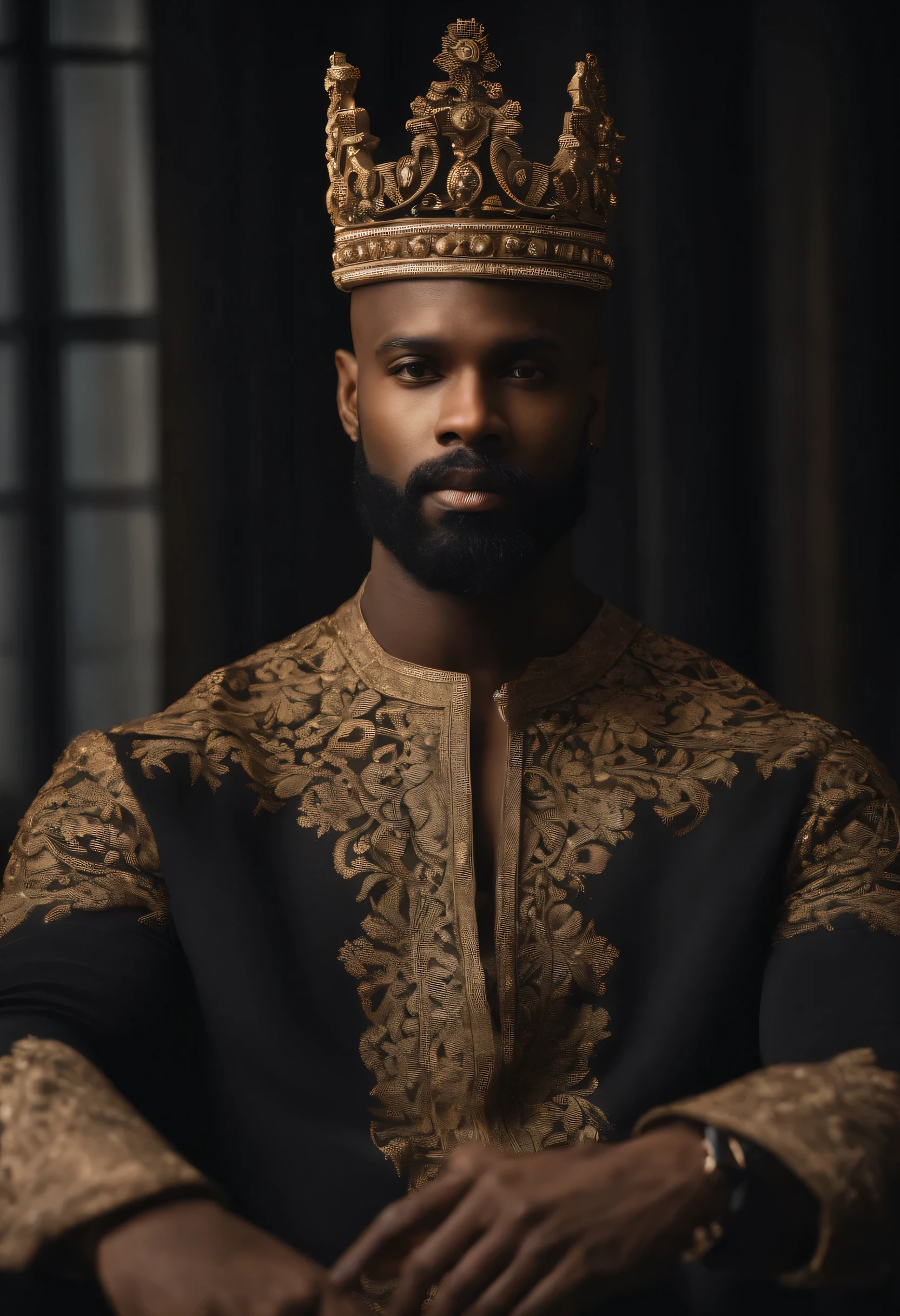 homme à la peau brune,physiquement bien construit, assis sur le trône,couronne,barbe très courte,chauve,tenue professionnelle noire