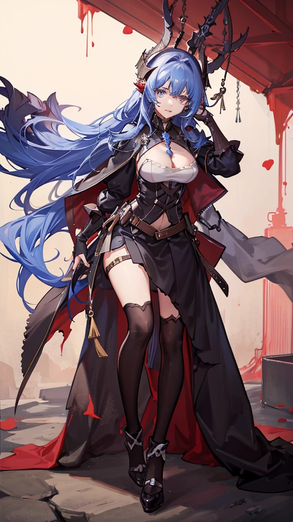 (masterpiece, best quality), close-up image, alone, an adult woman with very long gray hair, (((oriental wstyle clothing))), cape, ((teal clothes)), (((loose hair))), ((dragon skin)), red ribbon in hair, bare legs, ((dragon style)), bodysuit, queen, ((ice)), chains, good anatomy, ((hair with blue locks)), correct proportions, boots, bright colors, torn clothes, queen, green eyes, serious, mysterious appearance, blood, emotionless, palace, bangs straight, evil, (green eyes), gothic, medium chest, blood spikes, chest to head show, cinematics, color oil painting, solo, cinematic lighting, extremely detailed face, finely detailed face, beautiful face, beautiful eyes, perfect lighting, depth of field, realistic proportions, good anatomy, long coat